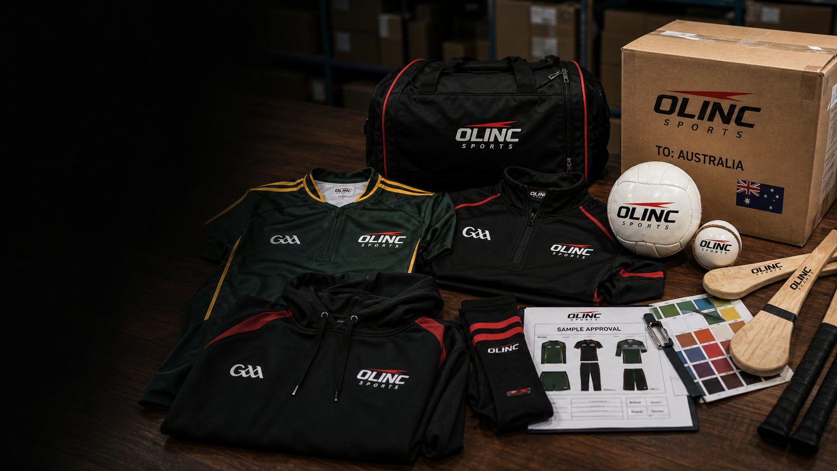Olinc Sports Australia GAA kit manufacturing plan with custom teamwear, sliotars, Gaelic footballs, bags, samples, carton notes, and export packing