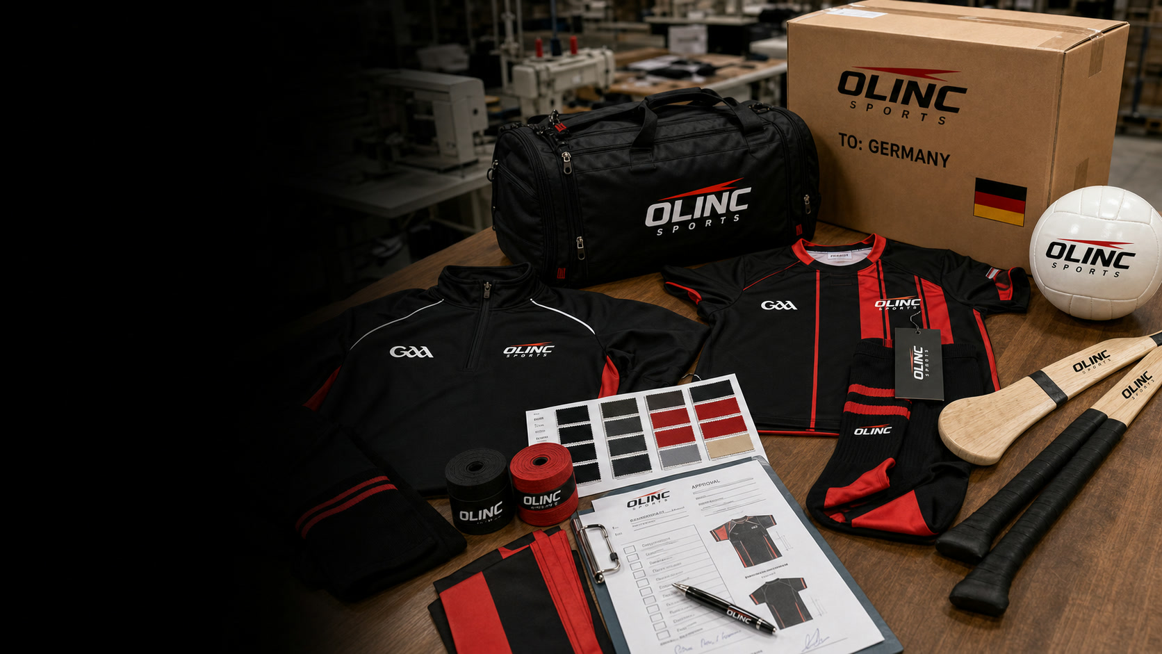 Olinc Sports Germany GAA gear manufacturing plan with jerseys, sliotars, Gaelic footballs, fabric swatches, labels, and carton packing notes