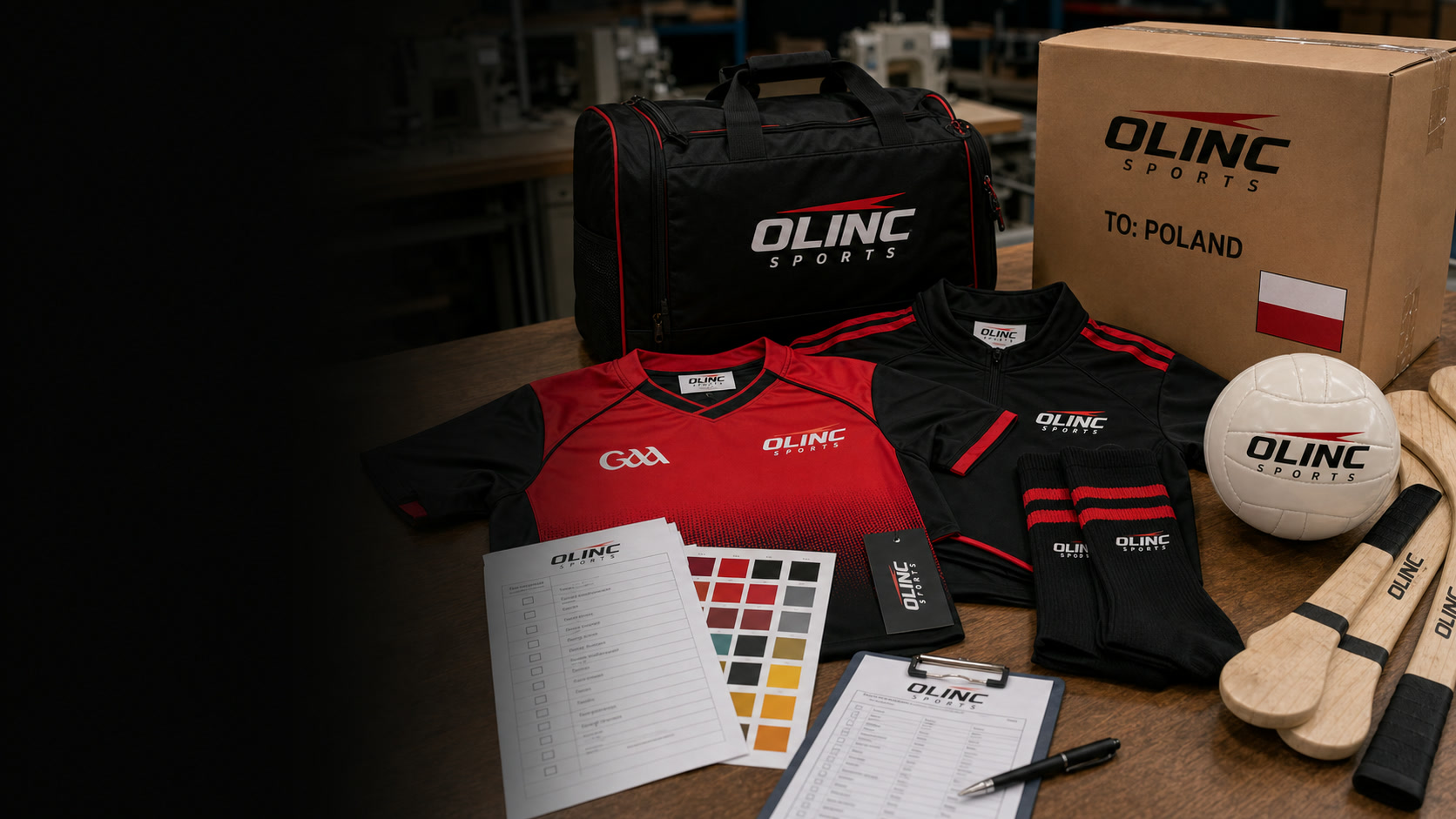 Olinc Sports Poland GAA gear order plan with custom jerseys, training tops, sliotars, Gaelic footballs, bags, labels, and sample approval notes