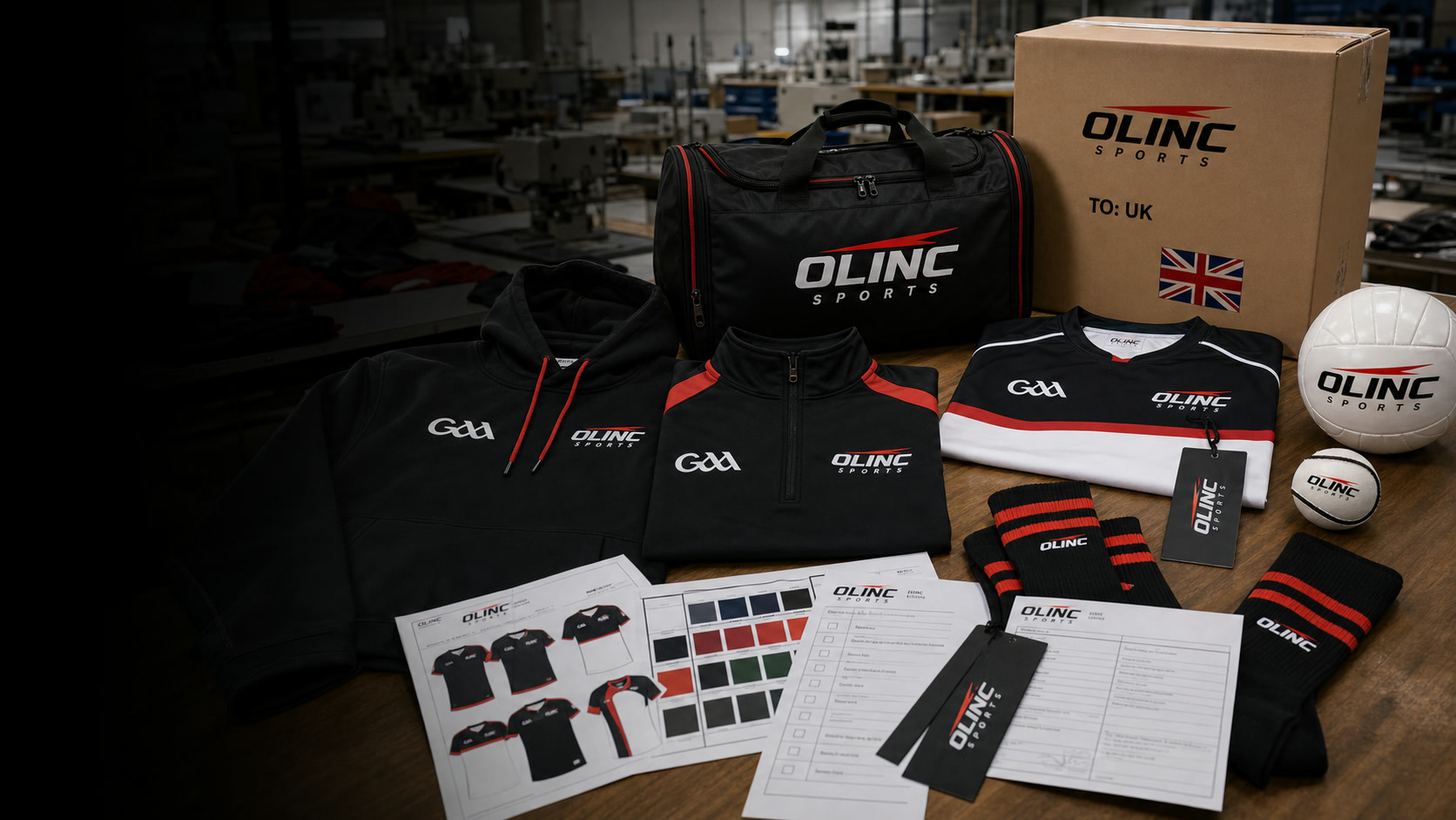 Olinc Sports UK GAA teamwear supply image showing custom jerseys, quarter zips, socks, bags, sliotars, Gaelic footballs, and export packing