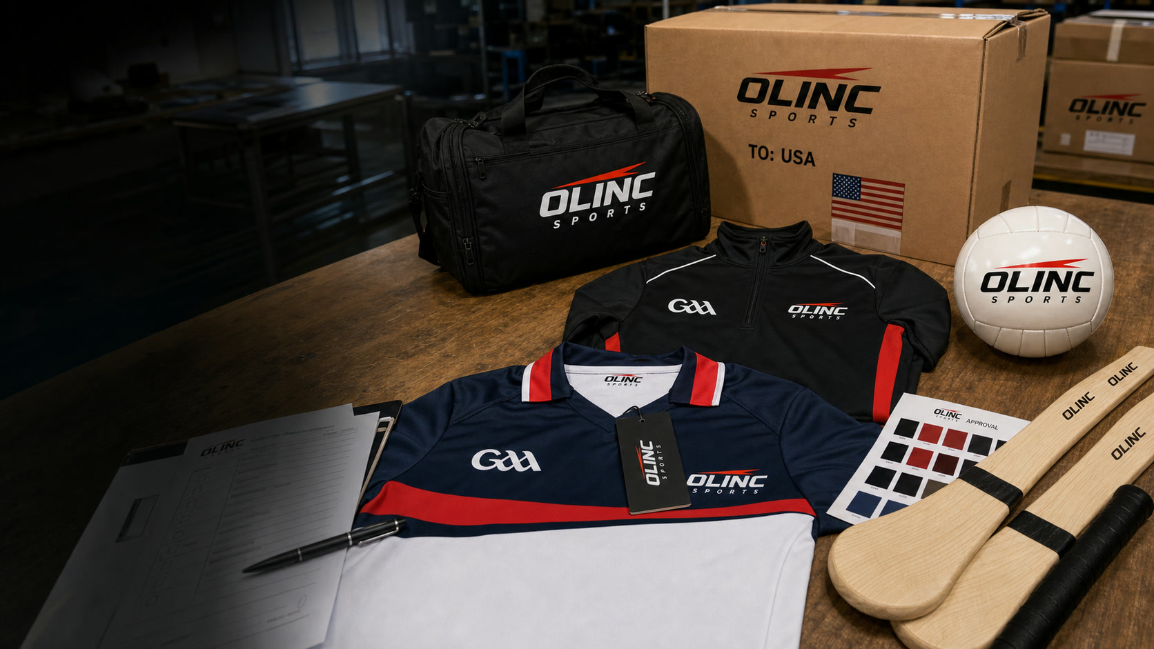 Olinc Sports USA Gaelic gear order with custom jerseys, sliotars, Gaelic footballs, kit bags, labels, and export cartons prepared for quote-based manufacturing