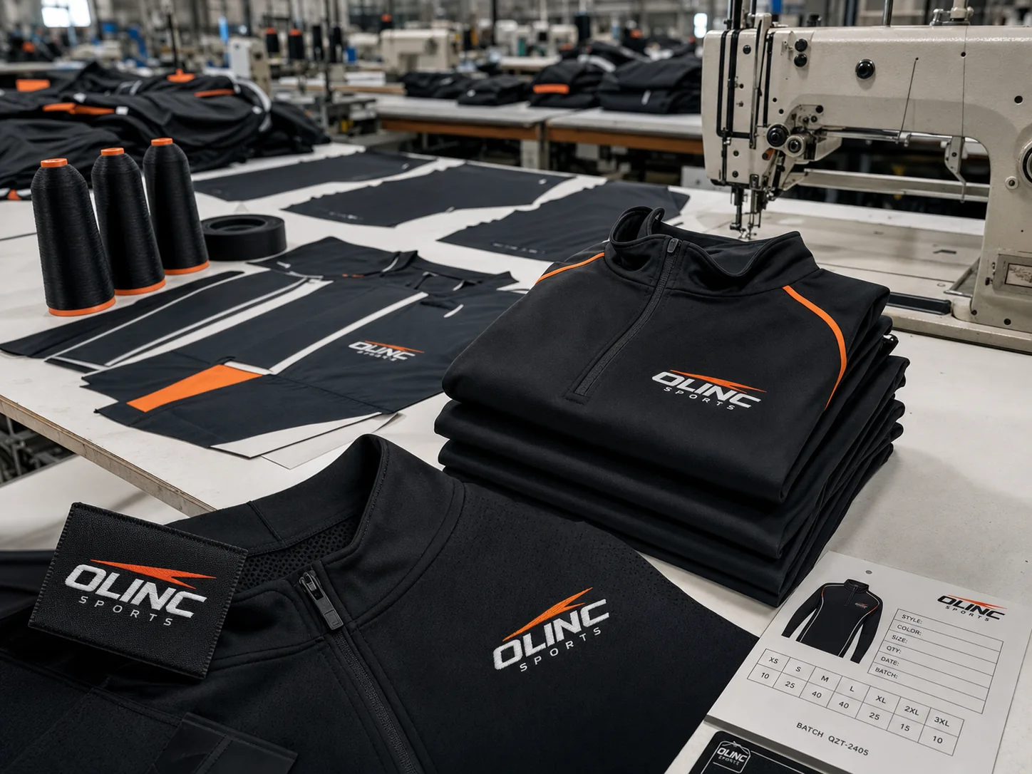 Olinc Sports branded quarter zip tops in Sialkot production with folded garments, fabric panels, stitch details, and quality cards