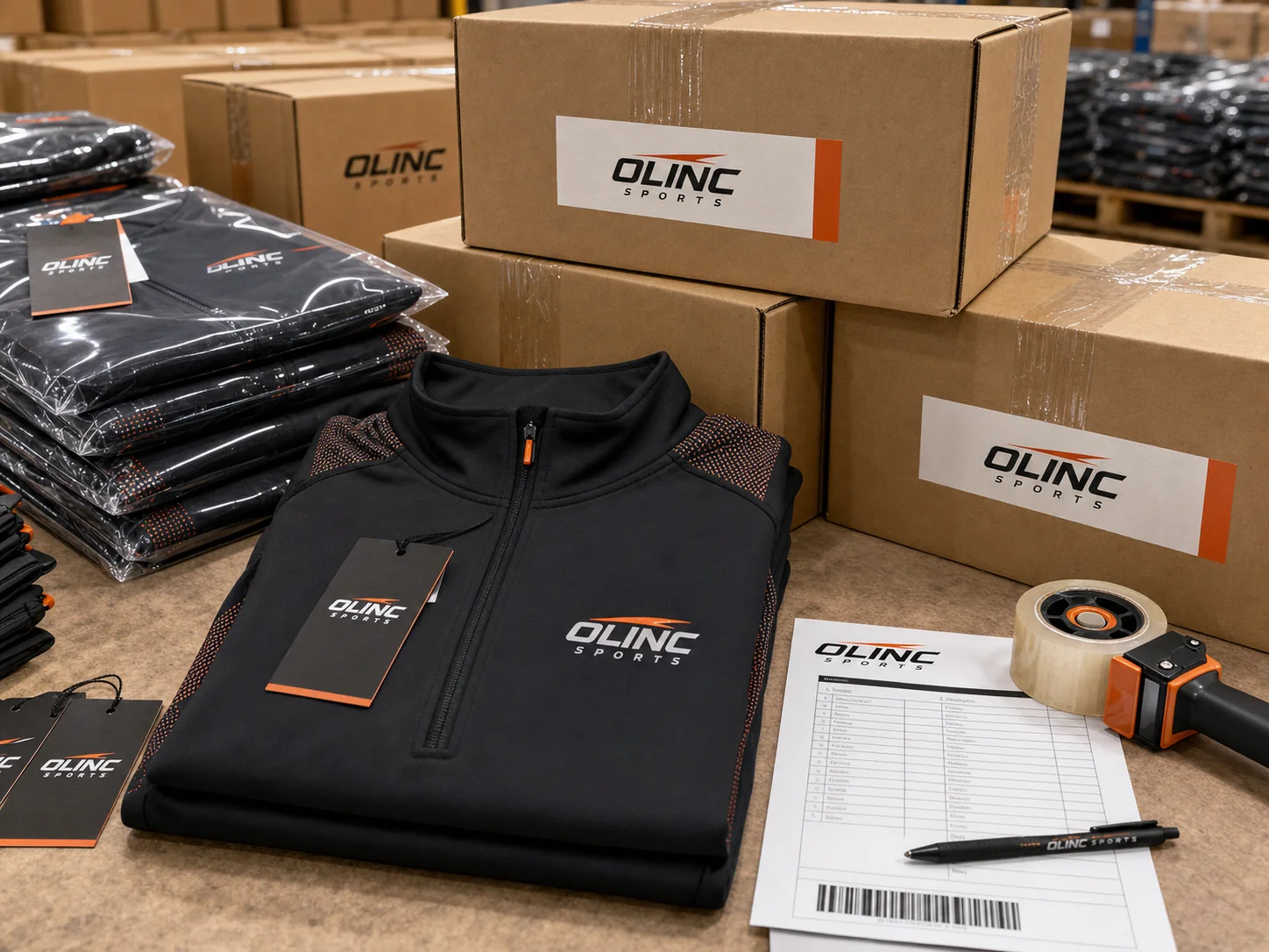 Olinc Sports branded custom teamwear folded with hang tags, export cartons, packing list, and dispatch materials