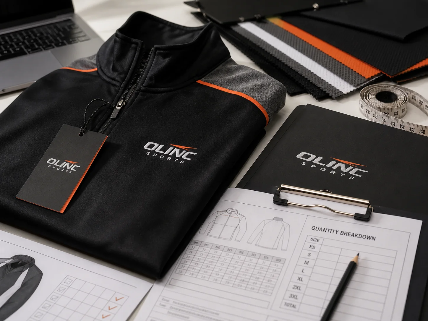 Olinc Sports branded quote brief desk with custom quarter zip sample, size sheet, quantity checklist, and fabric swatches