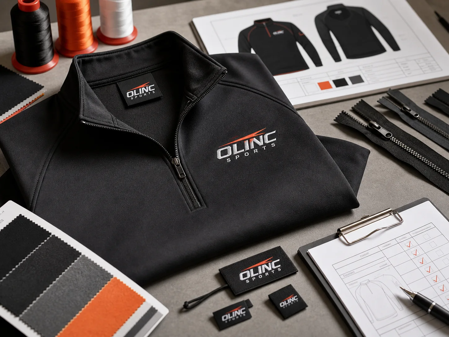 Olinc Sports branded custom quarter zip sample with embroidery thread, woven labels, zipper samples, and approval materials