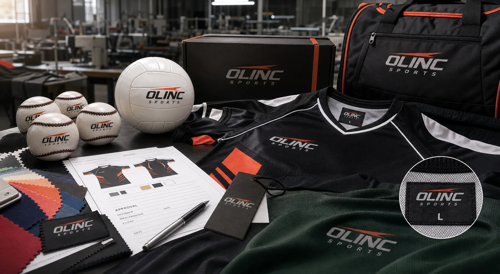 Olinc Sports branded GAA teamwear, sliotars, Gaelic football, kit bag, woven labels, hang tags, and sample approval sheet on a factory table