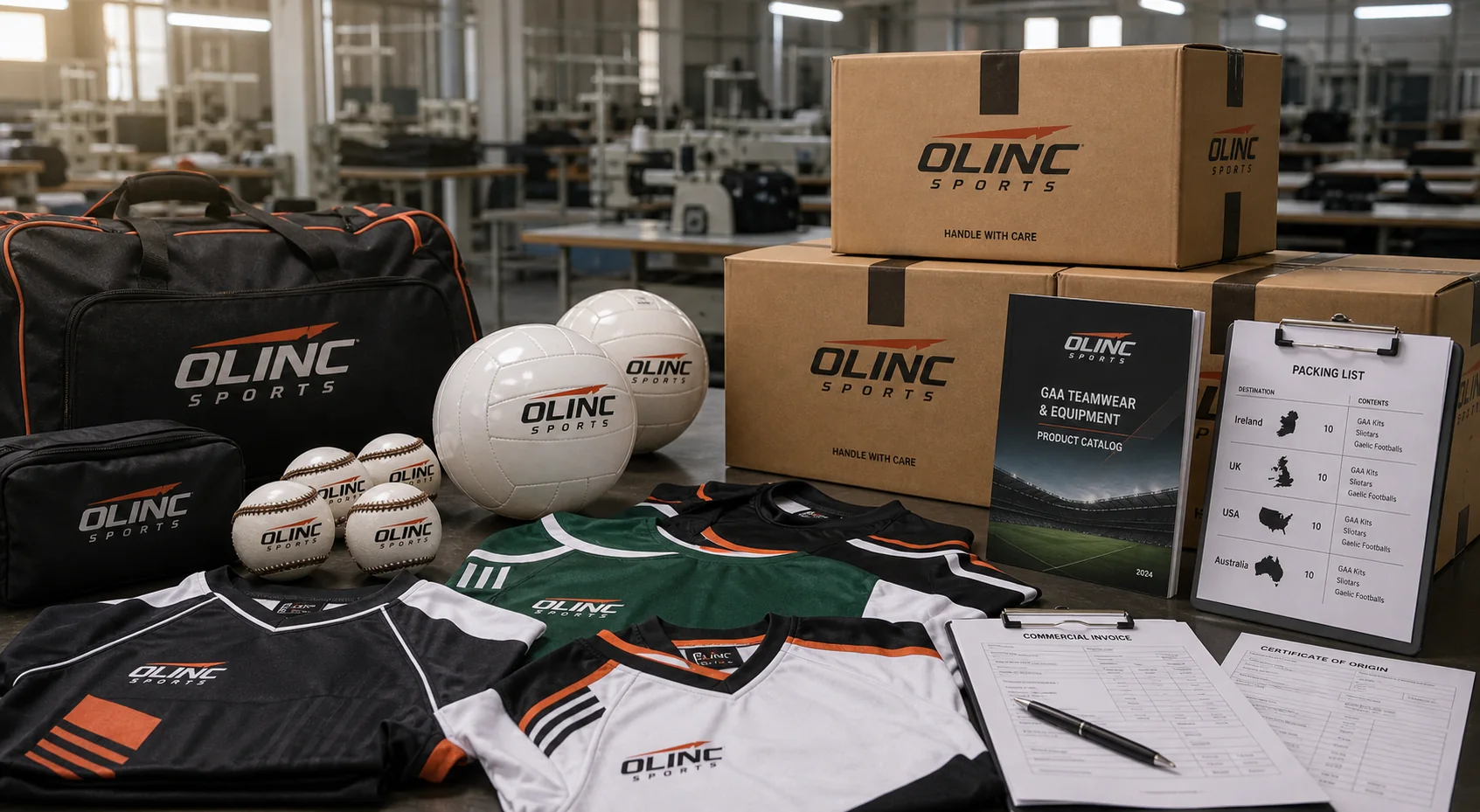 Olinc Sports branded GAA gear, sliotars, footballs, kit bags, catalog, export cartons, and packing list prepared for international shipment