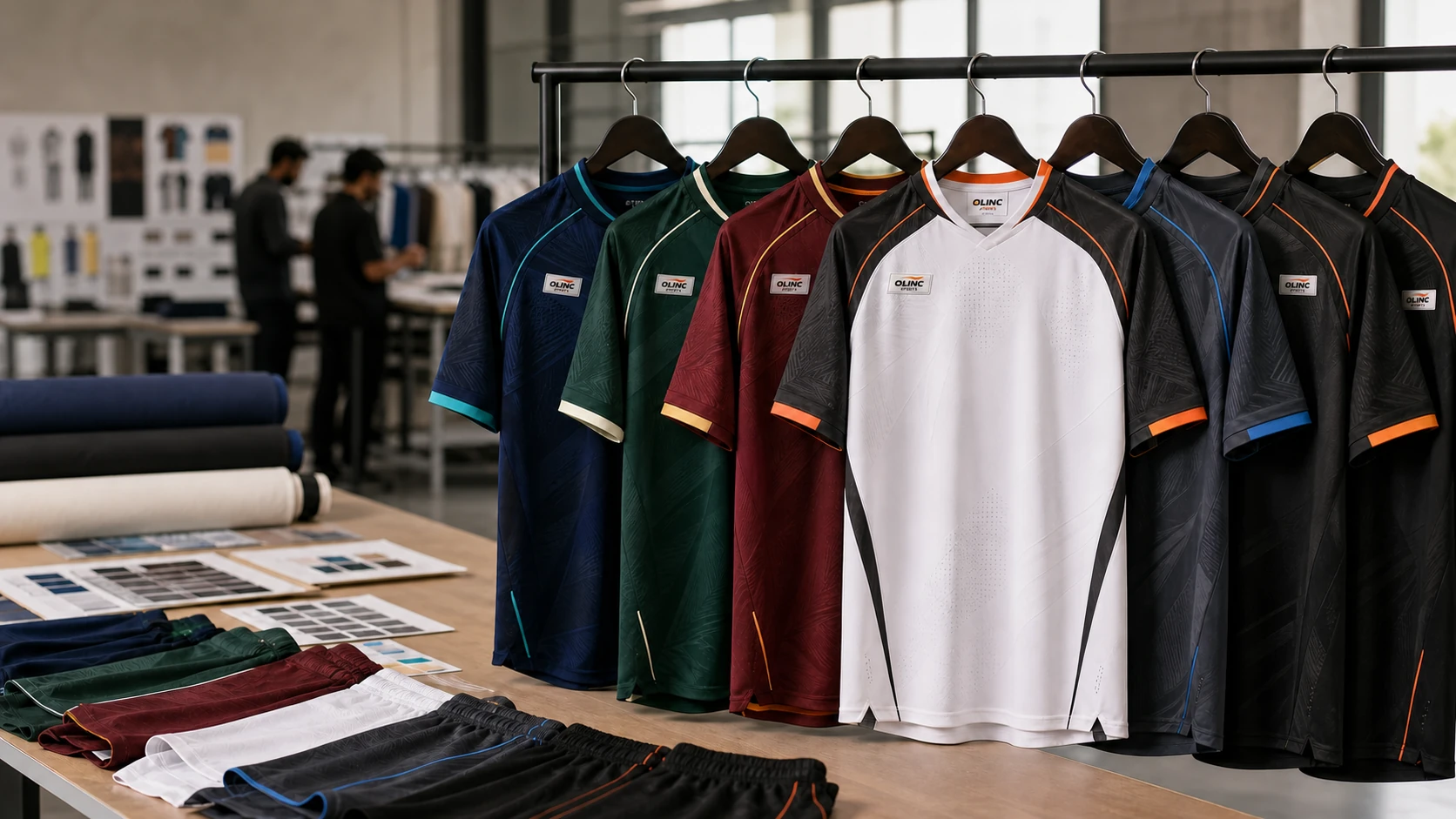 Olinc Sports branded jersey panels, sliotars, sample folder, and fabric rolls prepared in a Sialkot factory