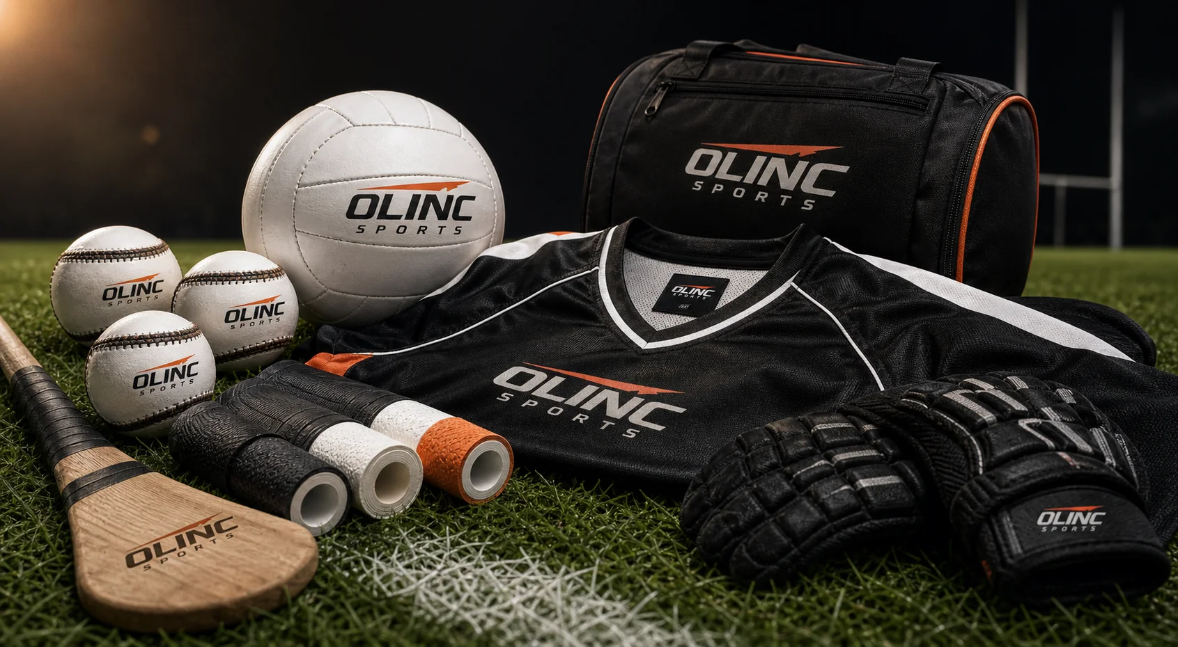 Olinc Sports branded sliotars, Gaelic football, gloves, and custom club teamwear ready for buyer quotation