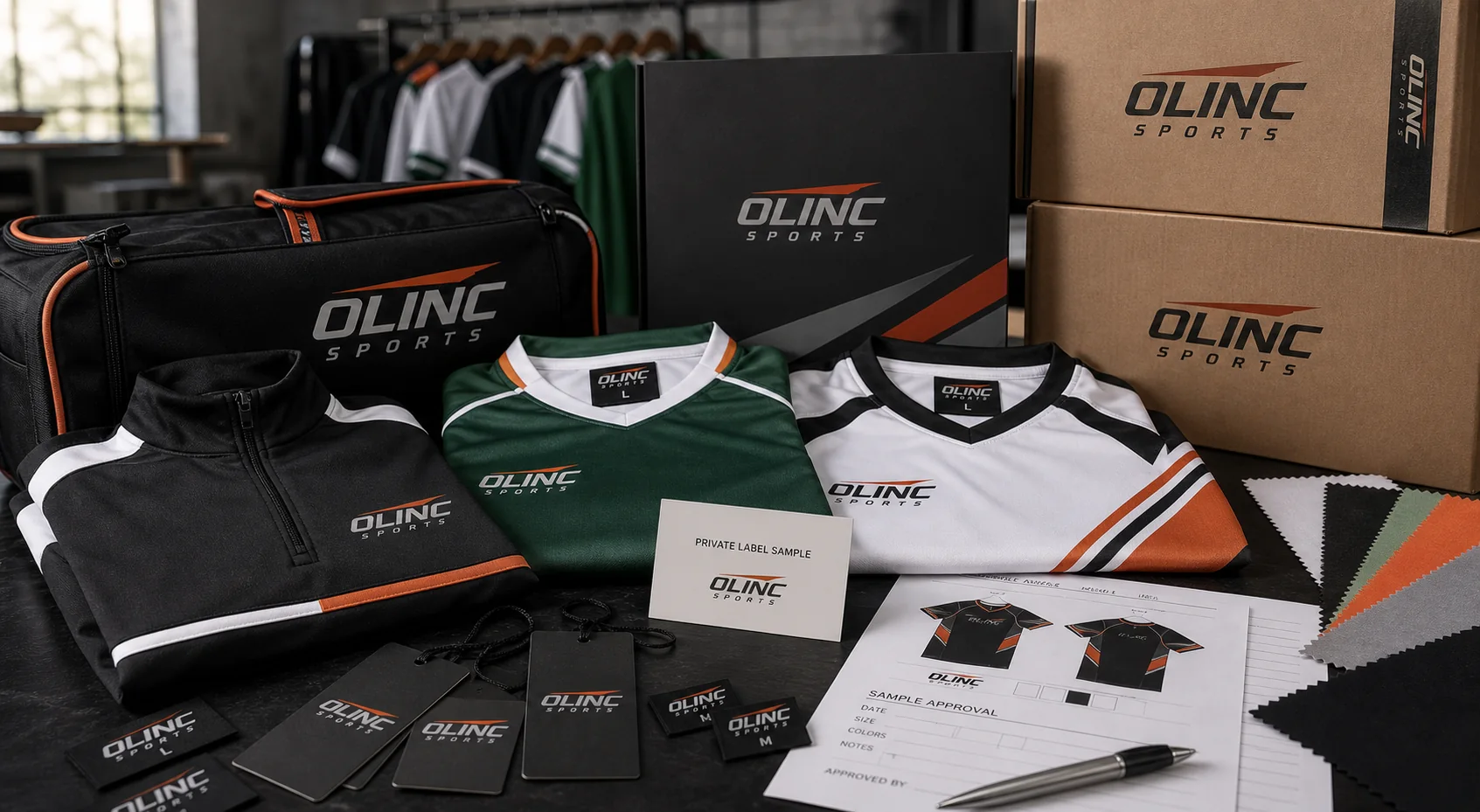 Olinc Sports branded custom jersey samples, labels, tags, cartons, and private-label teamwear