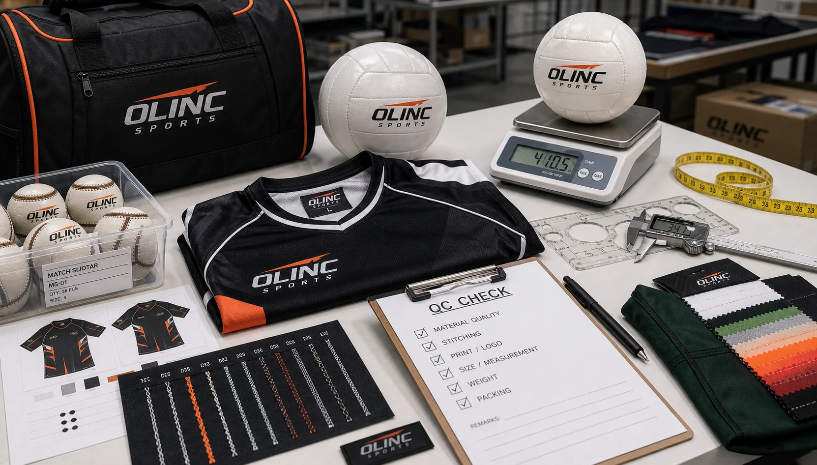 Olinc Sports quality-control table with branded sliotars, teamwear, fabric swatches, stitch samples, measuring tape, scale, and inspection checklist