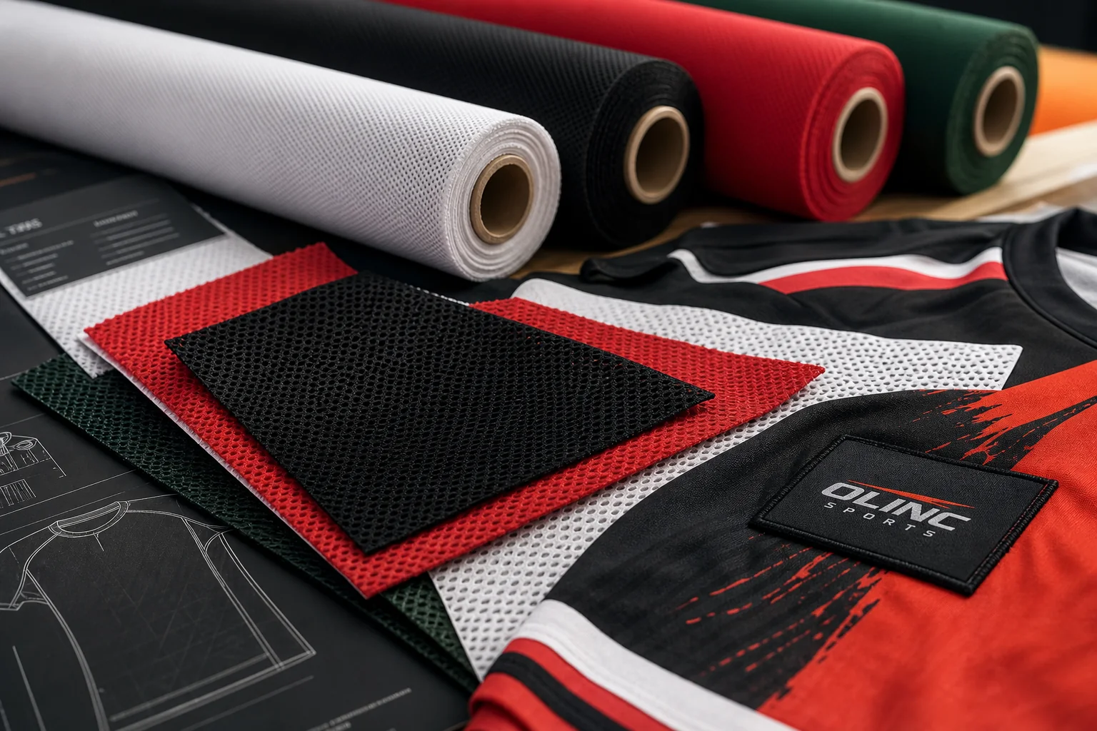 Technical sportswear fabric swatches and jersey panels on a sample table