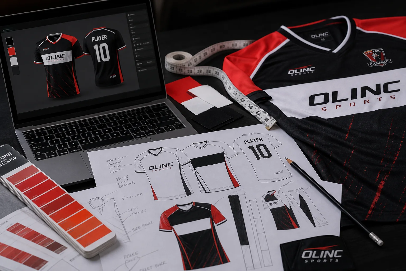 Custom club jersey mockup desk with kit sketches and sample sportswear