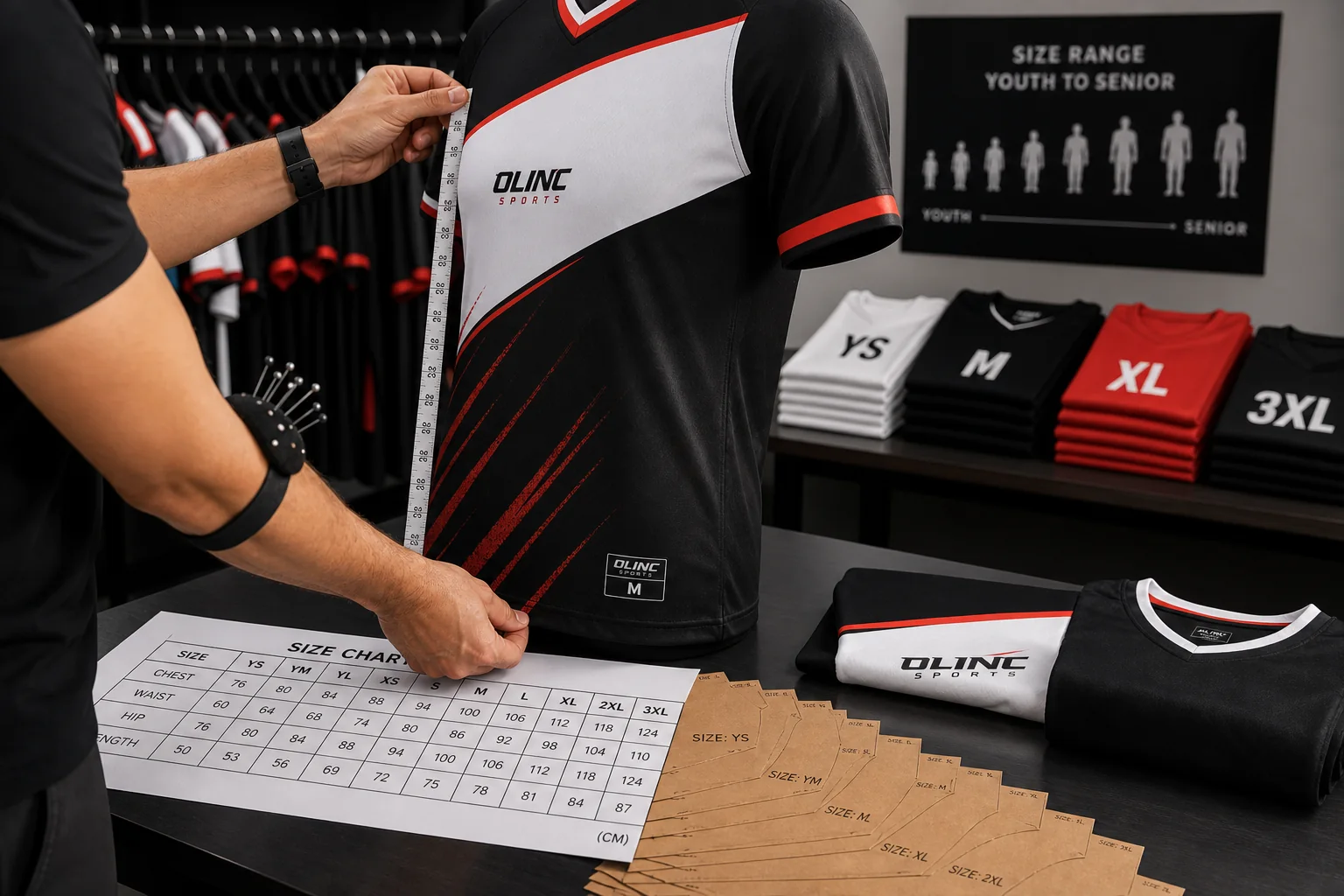 Sports uniform sizing workflow with measuring tape, size samples, and jersey pattern pieces