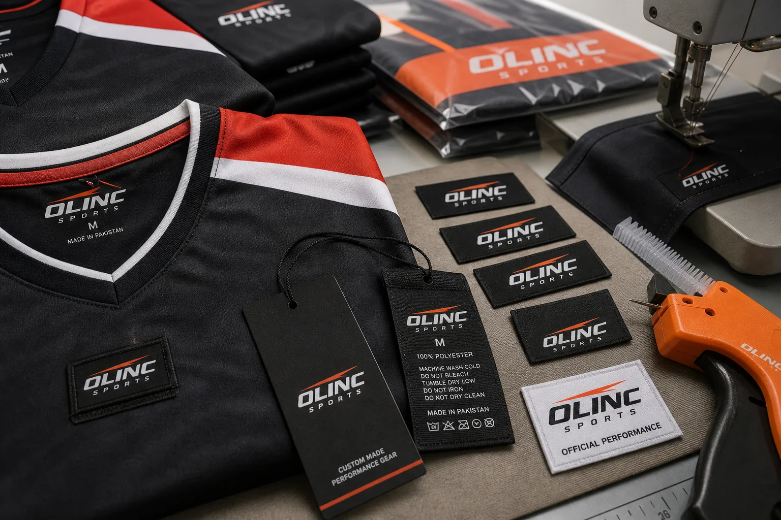 Custom woven neck labels, hang tags, and private-label packaging for sports jerseys
