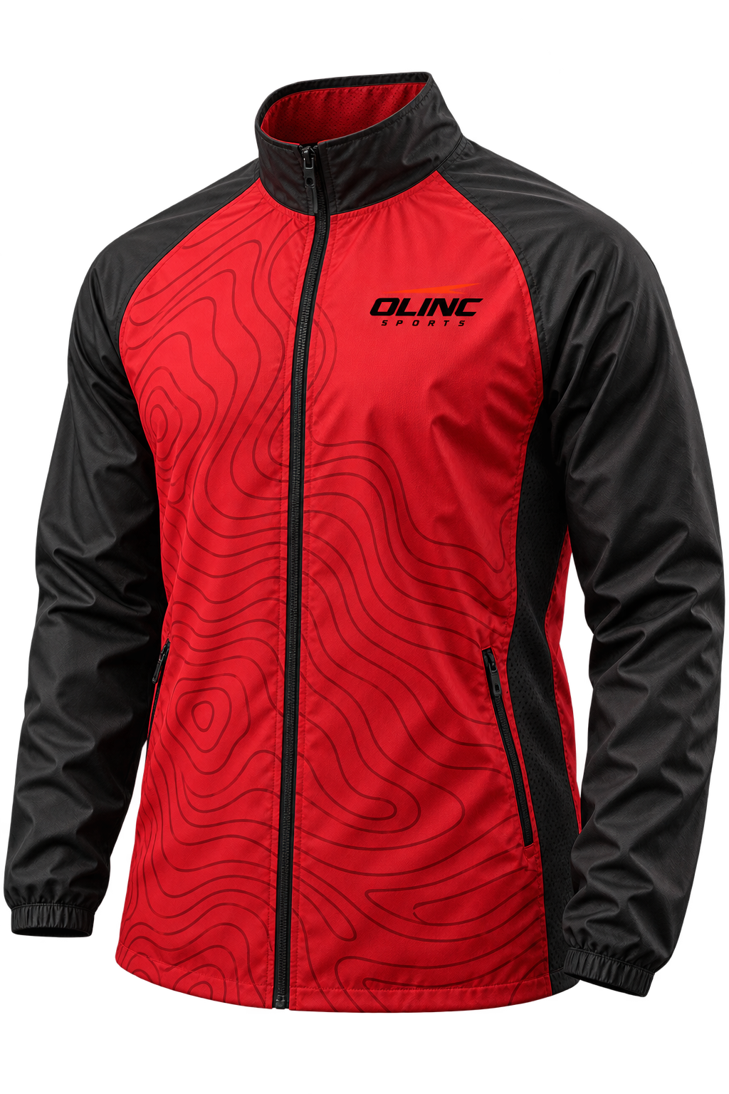 Red and black Olinc custom windbreaker