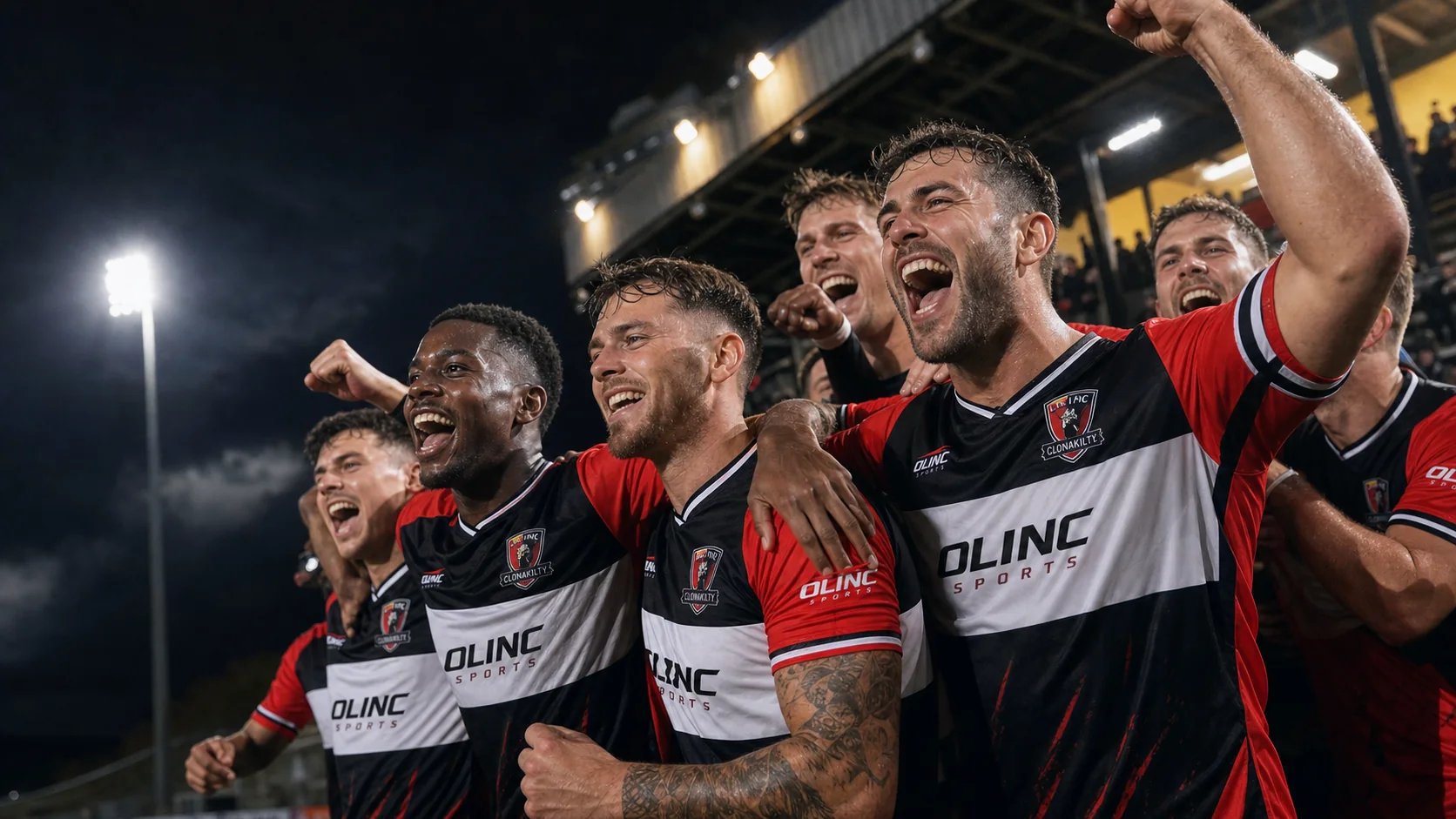 Olinc Sports sponsored football team wearing custom club uniforms in a stadium tunnel