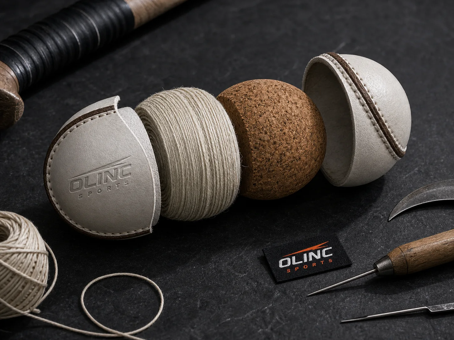 Olinc branded sliotar anatomy with cork core, yarn wrap, leather panels, and stitching