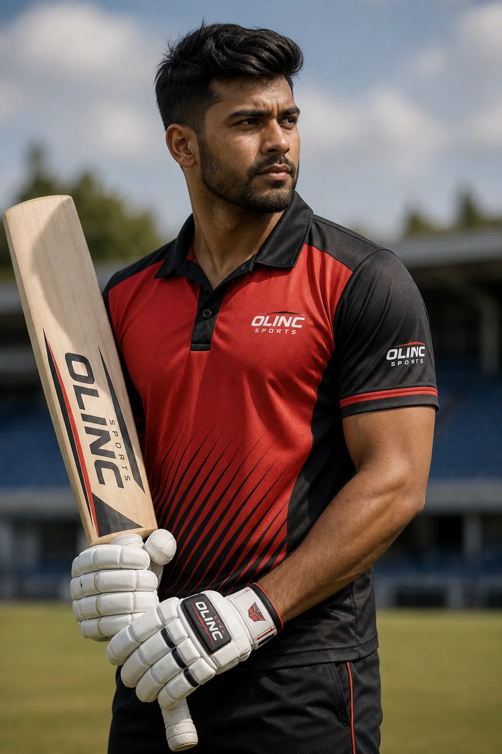 Cricketer wearing Olinc Sports polo and gloves