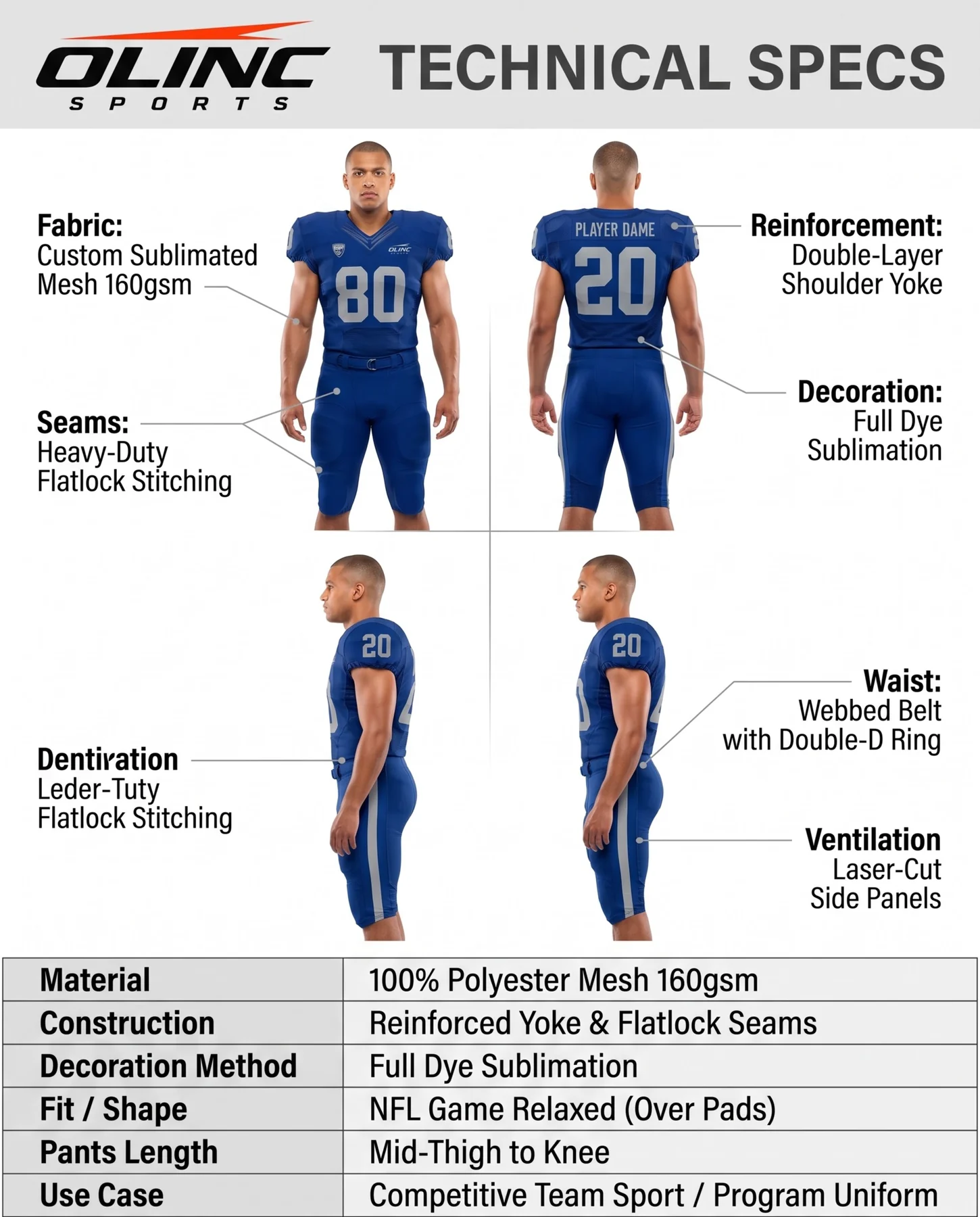 Olinc Sports 160 GSM Relaxed American Football Uniform product view 5 for custom manufacturing
