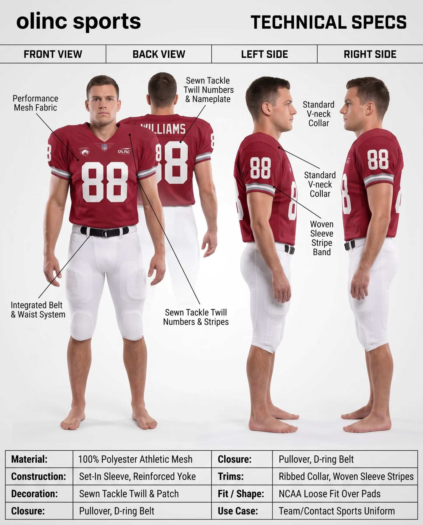 Olinc Sports 170 GSM Loose-Fit American Football Uniform product view 5 for custom manufacturing
