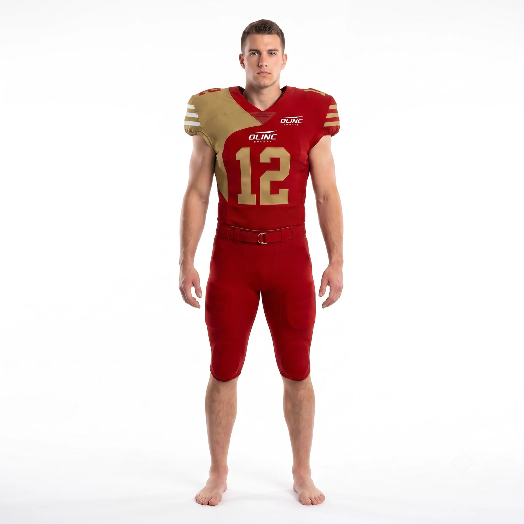 Front view of the Olinc Sports scarlet and old-gold American football jersey and belted pants set