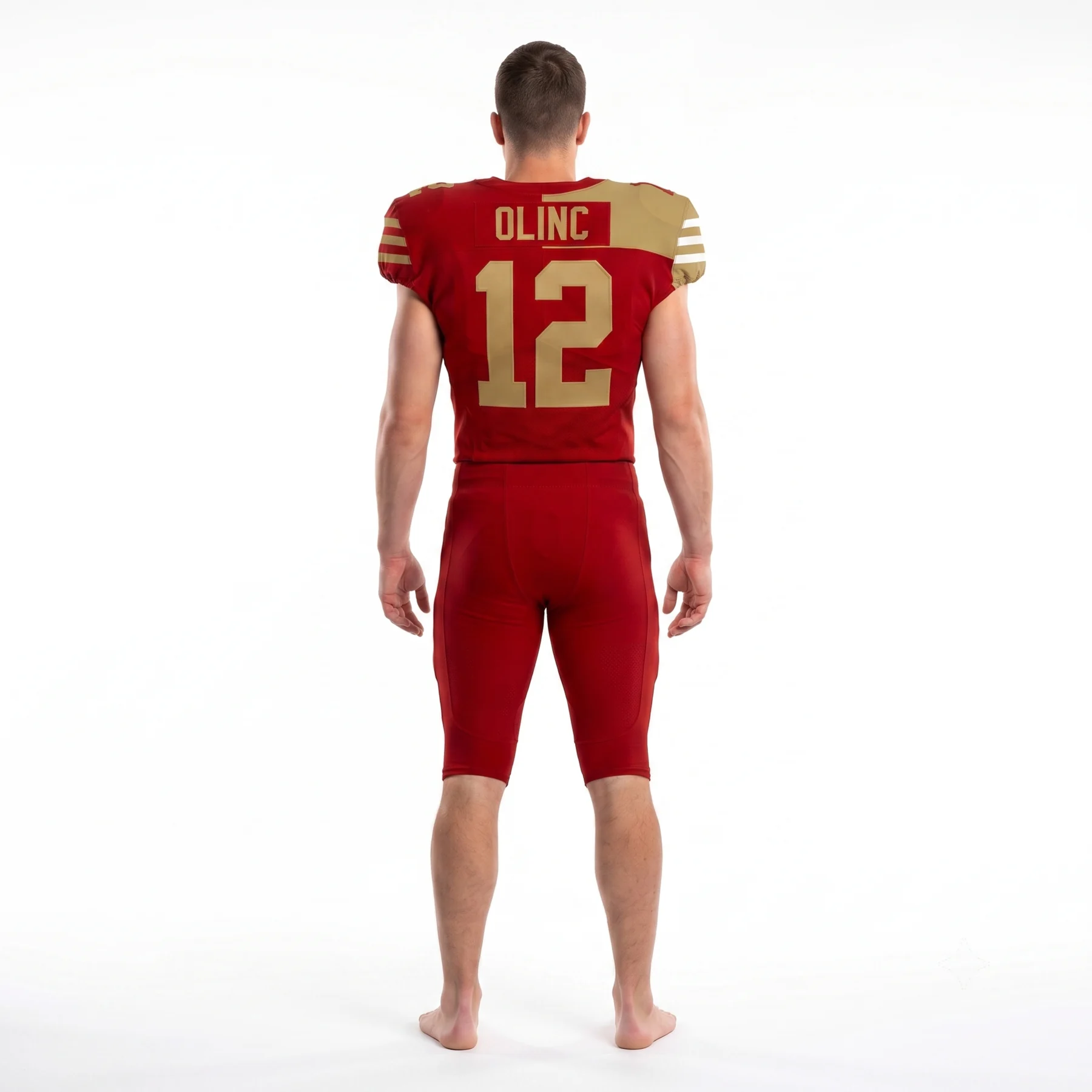 Back view of the scarlet American football uniform showing asymmetric shoulder panels and twill number