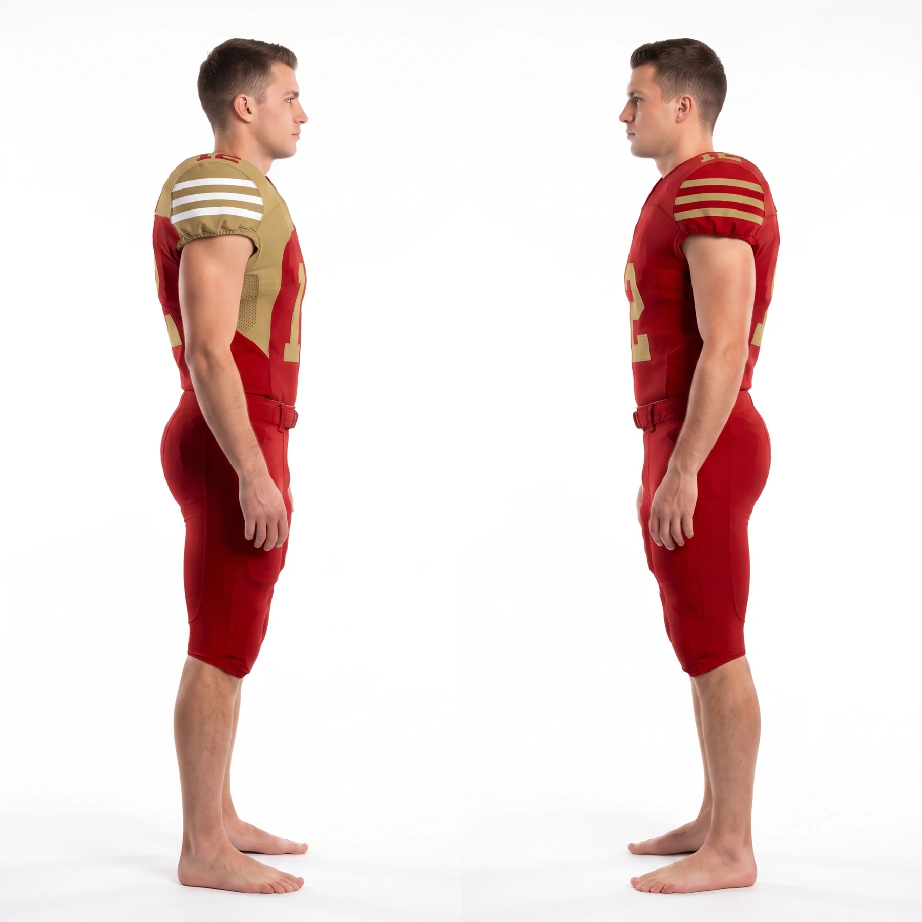Side profiles of the custom American football uniform showing sleeve stripes and padded fit