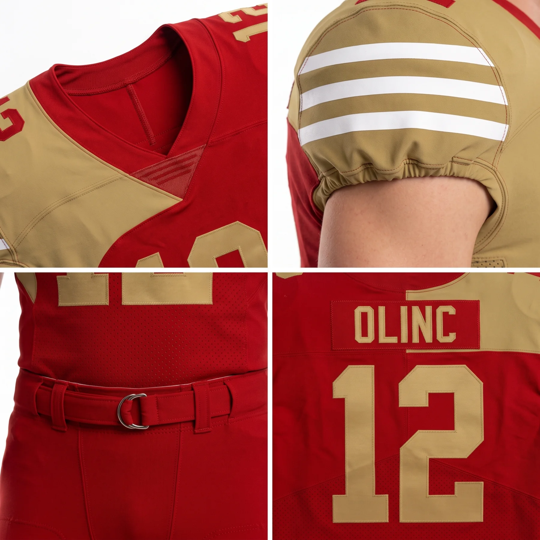 Close-up construction views of the elastic V-neck, sleeve stripe bands, mesh body, belt, and twill numbers
