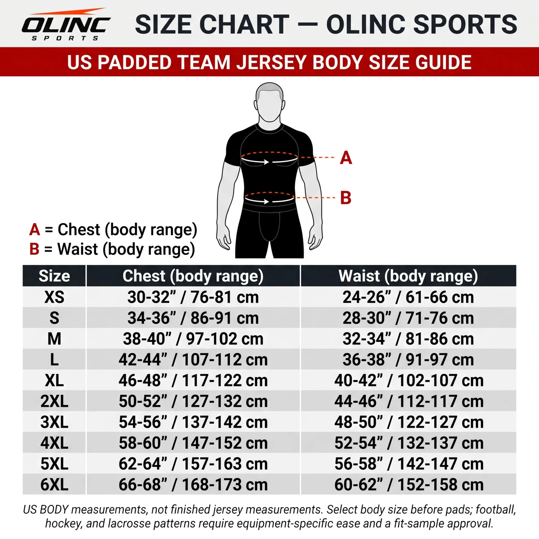 US padded team jersey body size guide from XS to 6XL with chest and waist measurement ranges