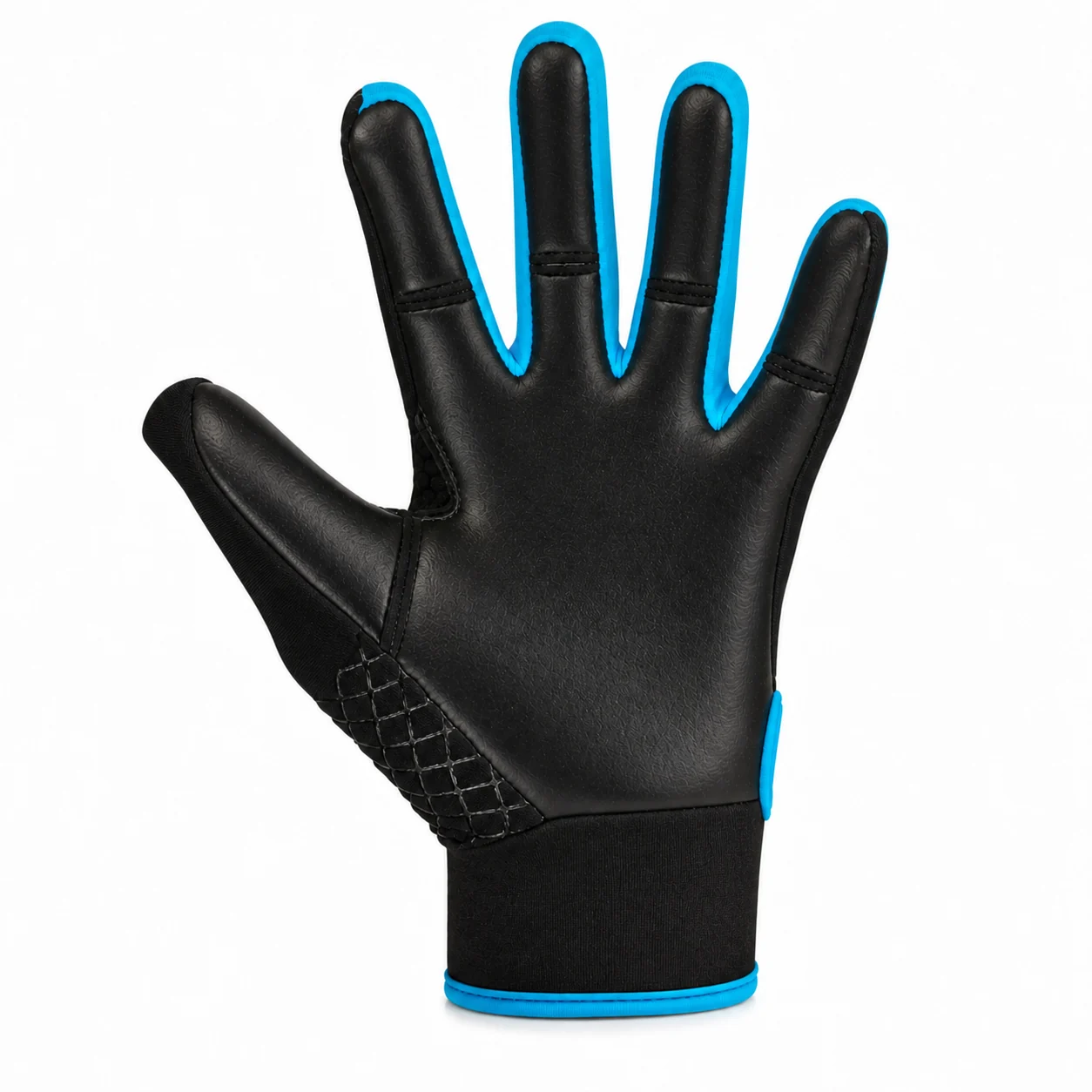 Palm view of a black Gaelic football glove showing the full textured grip surface and finger seams
