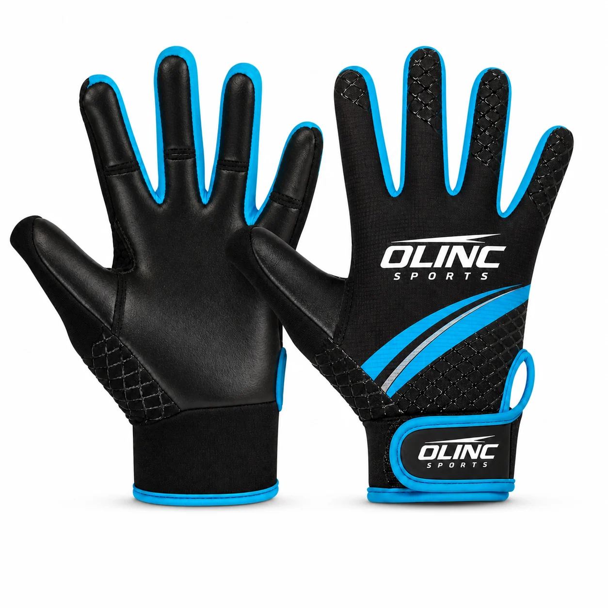 Paired palm and backhand views of black and blue custom Gaelic football grip gloves