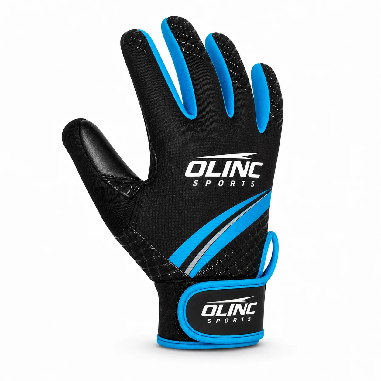 Angled backhand view of the Gaelic football glove showing finger shaping, blue trim, and wrist closure