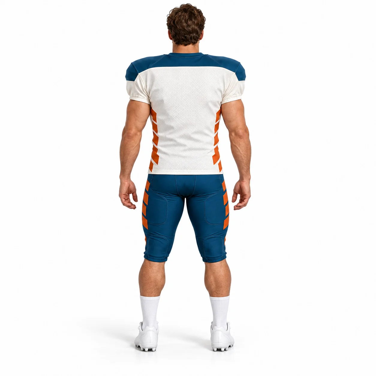American Football Saddlepoint Set back design view showing bone-white jersey, petrol-blue saddle shoulders and copper angular side panels; petrol-blue pants
