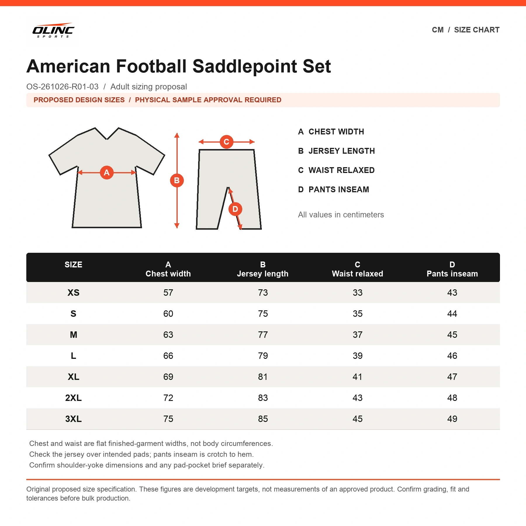 American Football Saddlepoint Set proposed numeric size chart in centimeters requiring physical sample approval