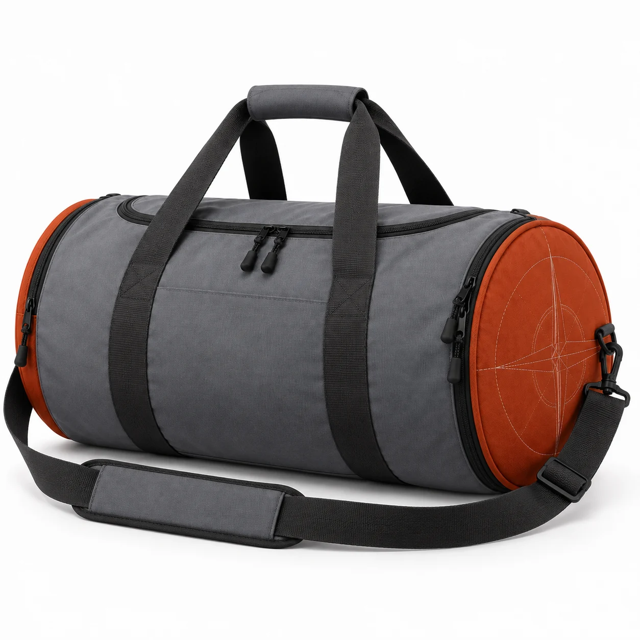 Compass Barrel Team Duffel back design view showing slate-gray barrel body, rust circular endcaps and continuous charcoal webbing handles