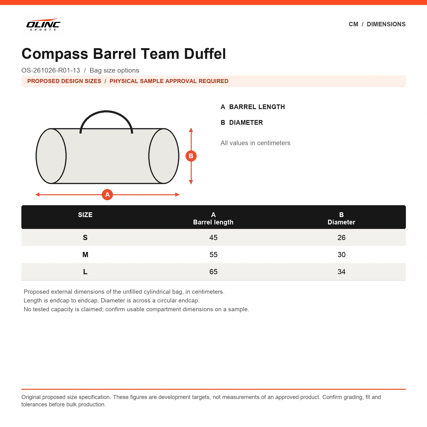Compass Barrel Team Duffel proposed numeric size chart in centimeters requiring physical sample approval