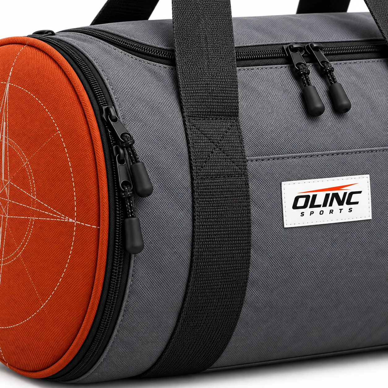 Compass Barrel Team Duffel zoom design view showing slate-gray barrel body, rust circular endcaps and continuous charcoal webbing handles