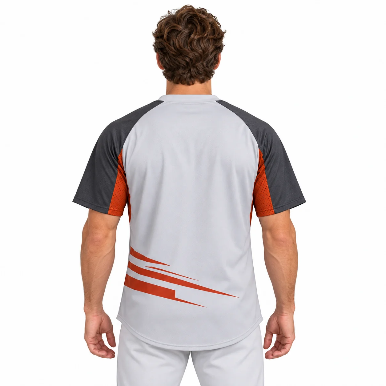 Baseball Forge Henley Jersey back design view showing ice-gray torso, charcoal raglan sleeves, rust rectangular underarm inserts