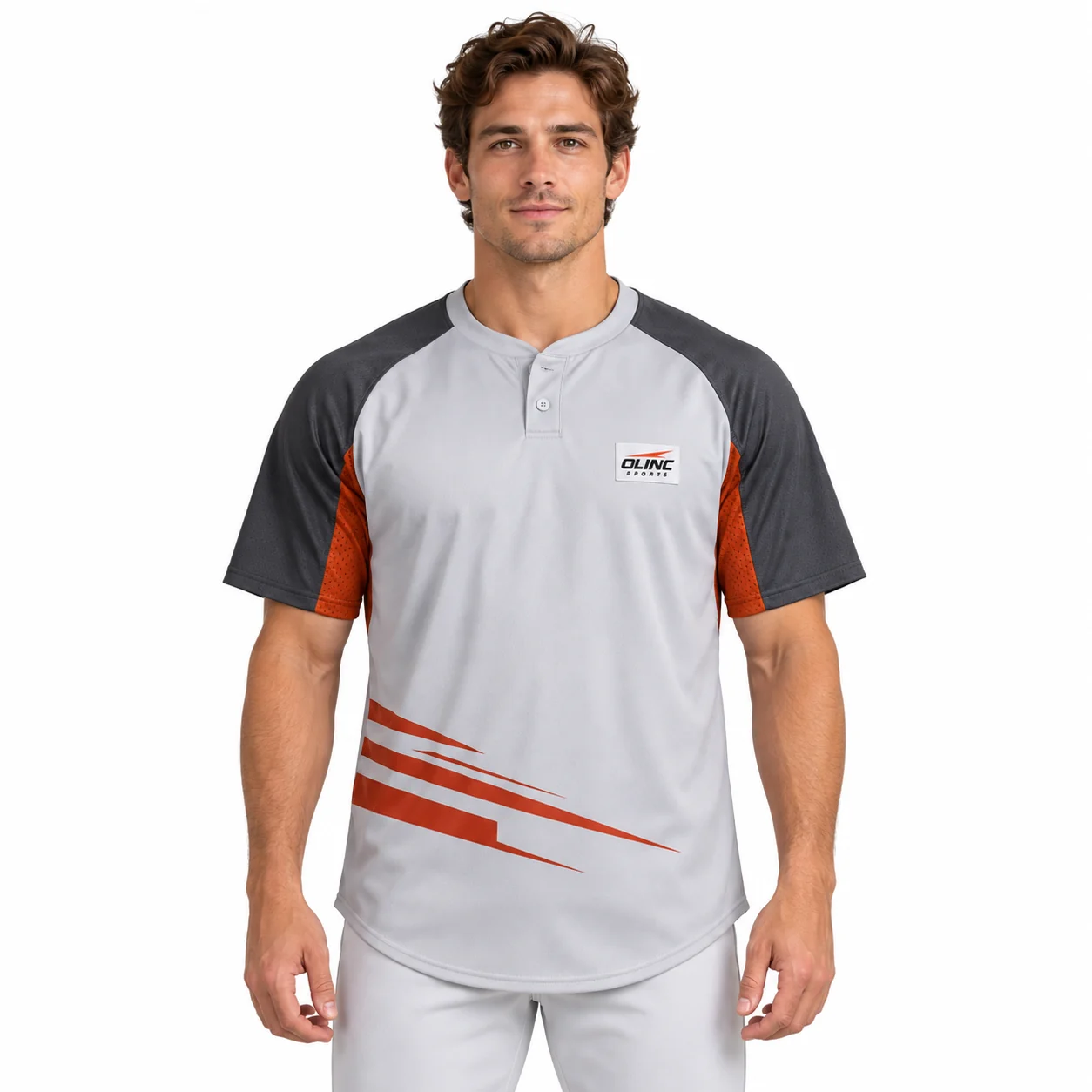 Baseball Forge Henley Jersey front design view showing ice-gray torso, charcoal raglan sleeves, rust rectangular underarm inserts