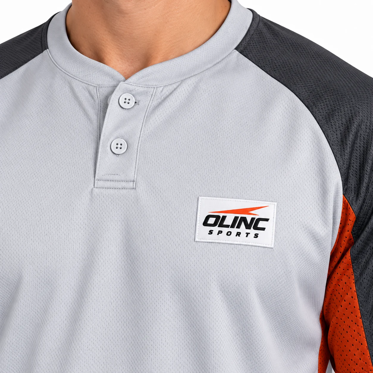 Baseball Forge Henley Jersey zoom design view showing ice-gray torso, charcoal raglan sleeves, rust rectangular underarm inserts