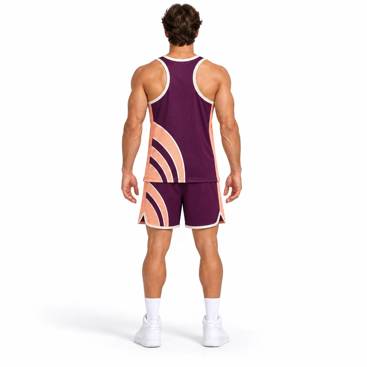 Basketball Arcstep Racerback Set back design view showing deep-plum body, pale-peach curved side sections and ivory binding