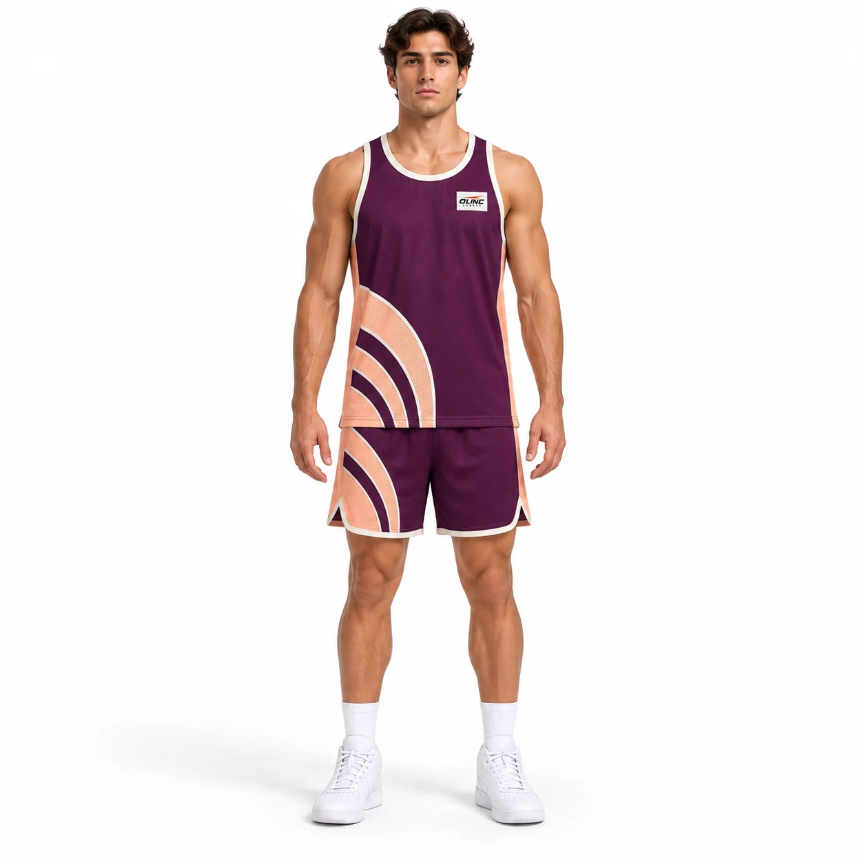 Basketball Arcstep Racerback Set front design view showing deep-plum body, pale-peach curved side sections and ivory binding