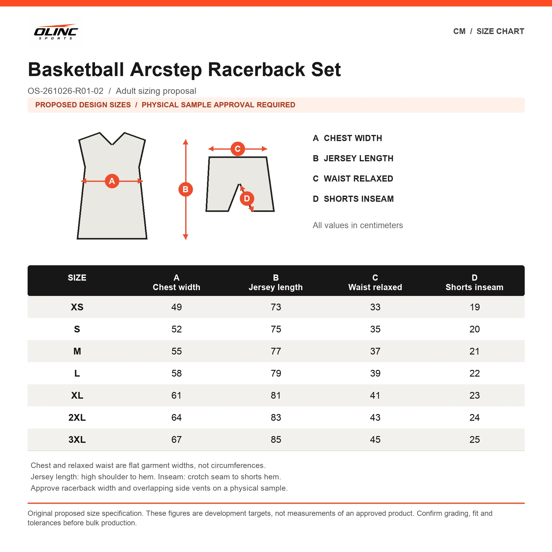 Basketball Arcstep Racerback Set proposed numeric size chart in centimeters requiring physical sample approval