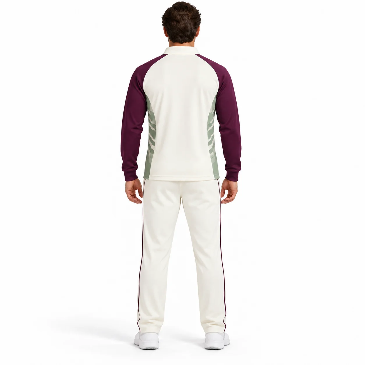 Cricket Pavilion Long-Sleeve Kit back design view showing ivory shirt, aubergine raglan sleeves and muted-sage geometric side inserts; ivory trousers with aubergine outer-leg piping