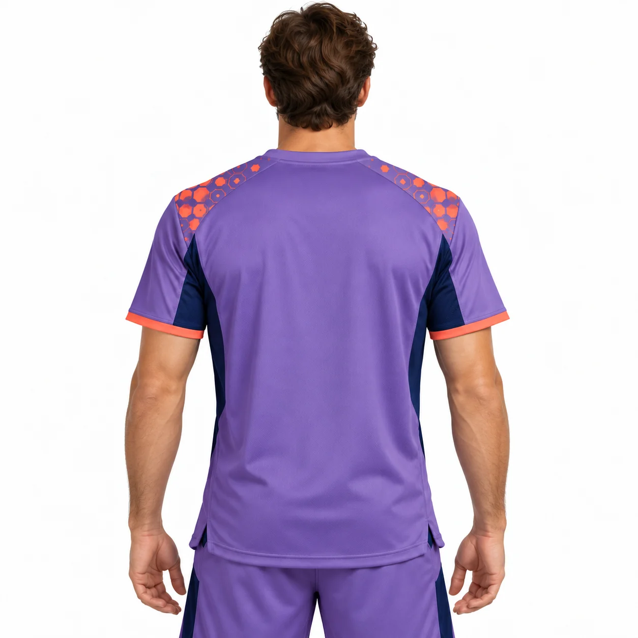 Handball Apex Split-Hem Jersey back design view showing deep-lilac body, ink-blue curved underarm panels and coral sleeve-edge binding