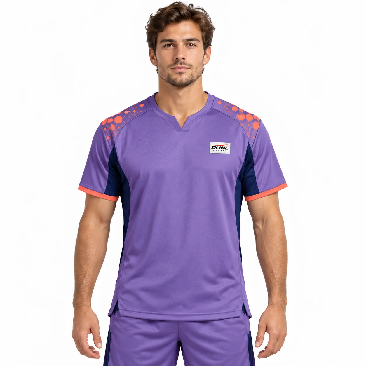 Handball Apex Split-Hem Jersey front design view showing deep-lilac body, ink-blue curved underarm panels and coral sleeve-edge binding
