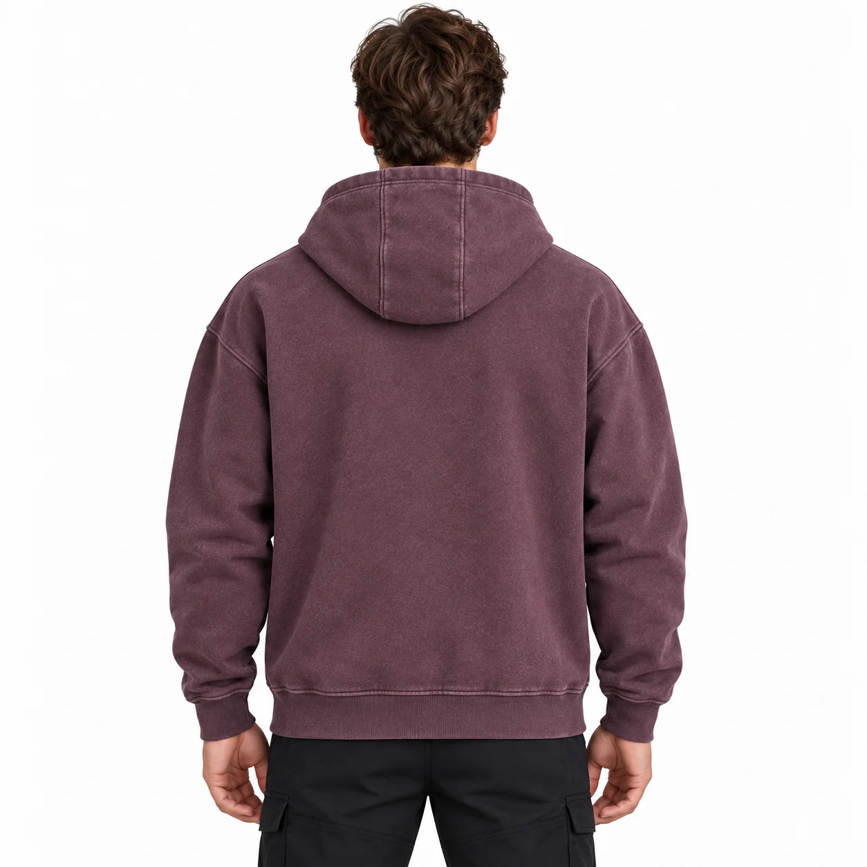 Traverse Full-Zip Club Hoodie back design view showing washed-plum body, clay hood lining and muted-sage zip placket