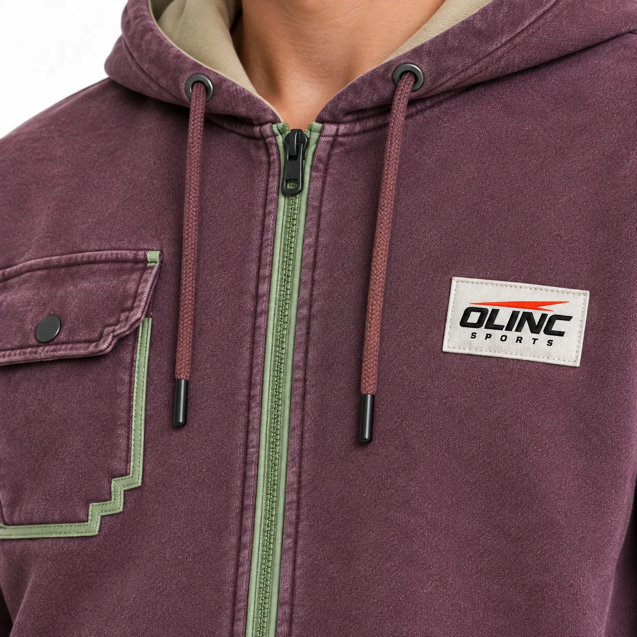 Traverse Full-Zip Club Hoodie zoom design view showing washed-plum body, clay hood lining and muted-sage zip placket