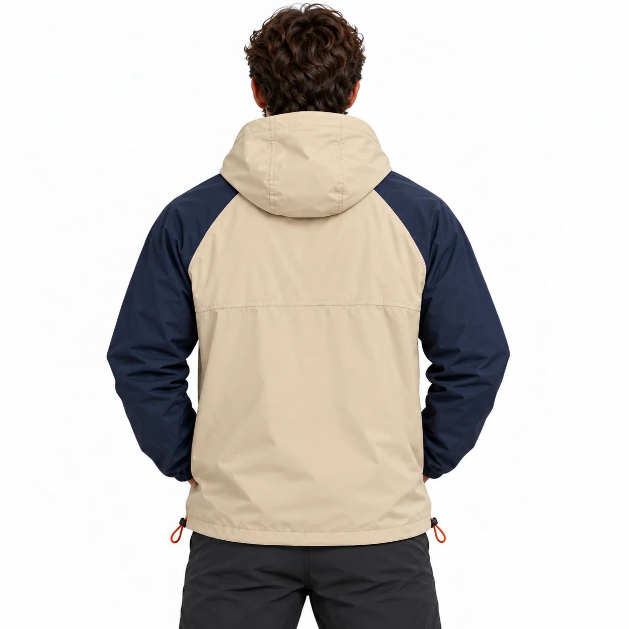 Jacket Waypoint Panel Anorak back design view showing sand body, navy raglan sleeves and muted-orange pocket and zip accents